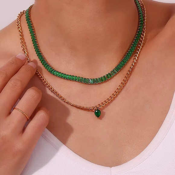 18K Gold Plated Green Tennis Chain Necklace - Picture 1 of 7